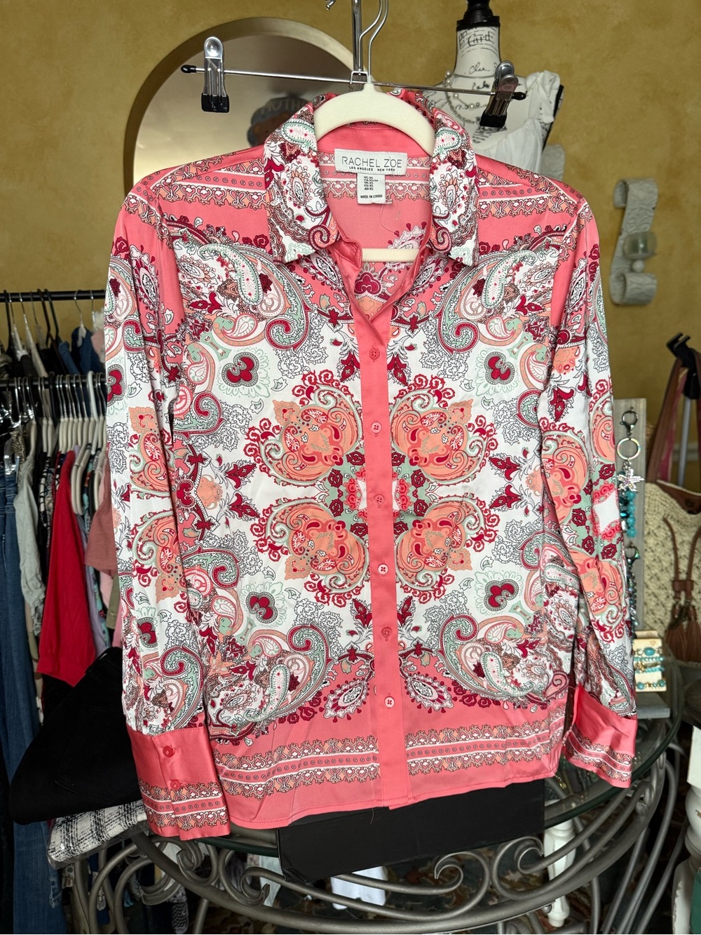 Rachel Zoe Coral and White Paisley Silk-Blend Button Front Blouse